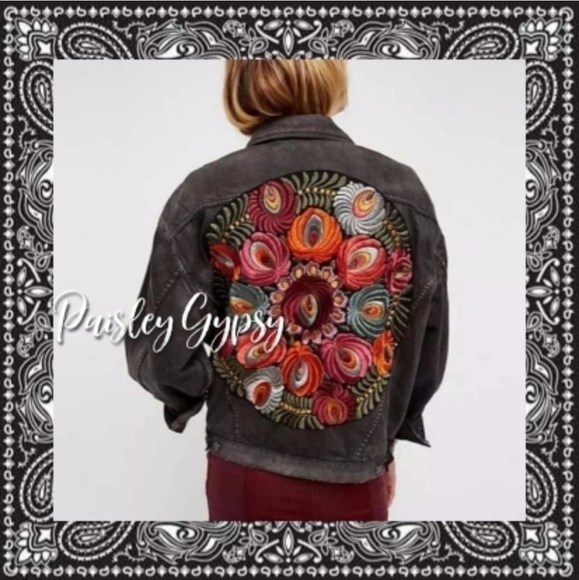 Black Denim Floral Embroidered Oversized Jacket - Picture 8 of 15